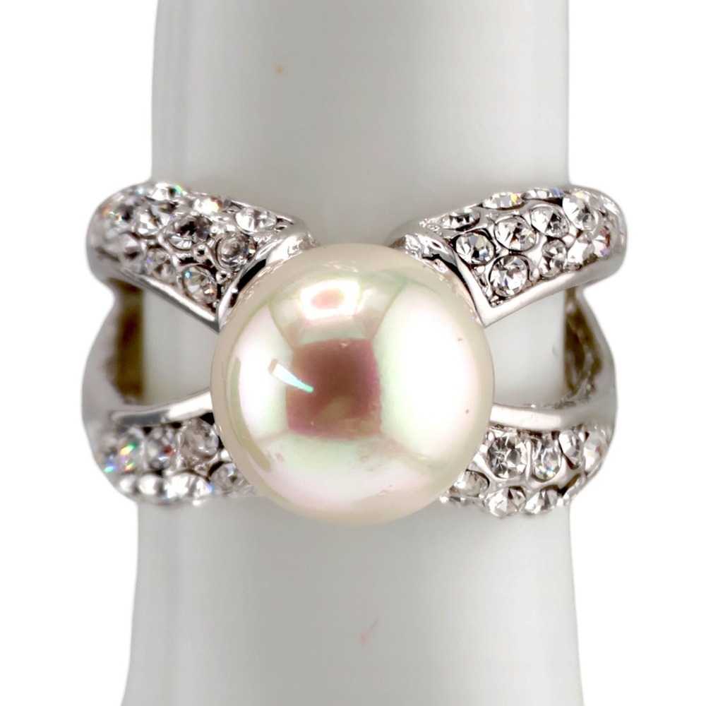 Swarovski Elements Pearl‎ Crystal Pavé Crossover Cocktail Ring Silver Tone Sz 7